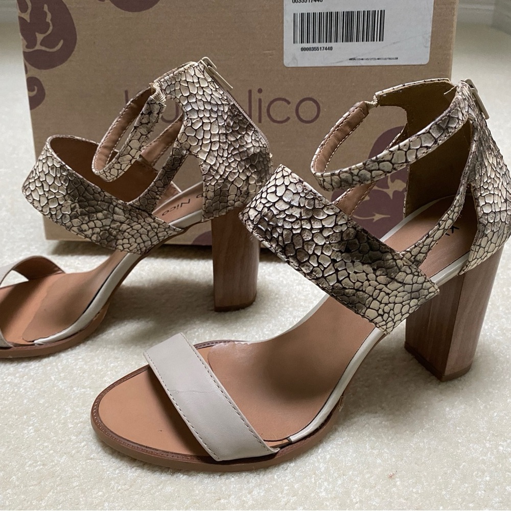 Mixed Texture Block Heel Sandals in Nude/Cream and Brown